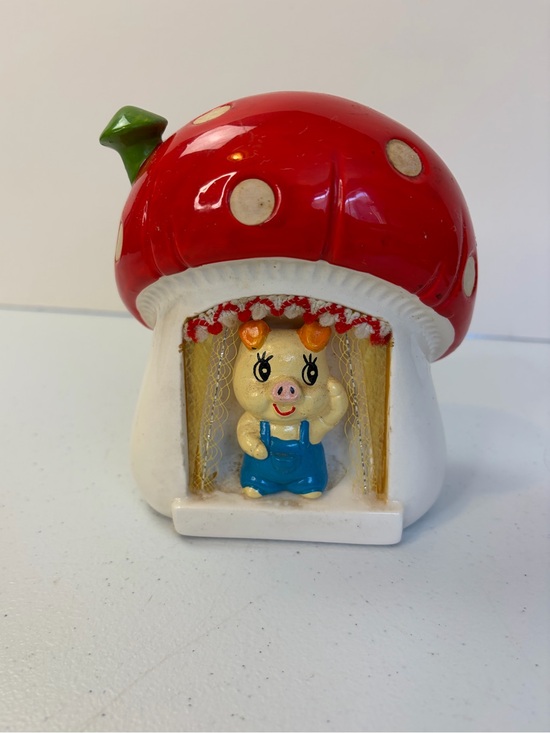 Vintage Other - Vintage Mushroom House Piggy Coin Bank Red Polka Dot Pig Ceramic Kitsch 1970s
